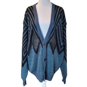 Vintage Campus Blue Gray Black Stripe Button Front Long Sleeve Cardigan